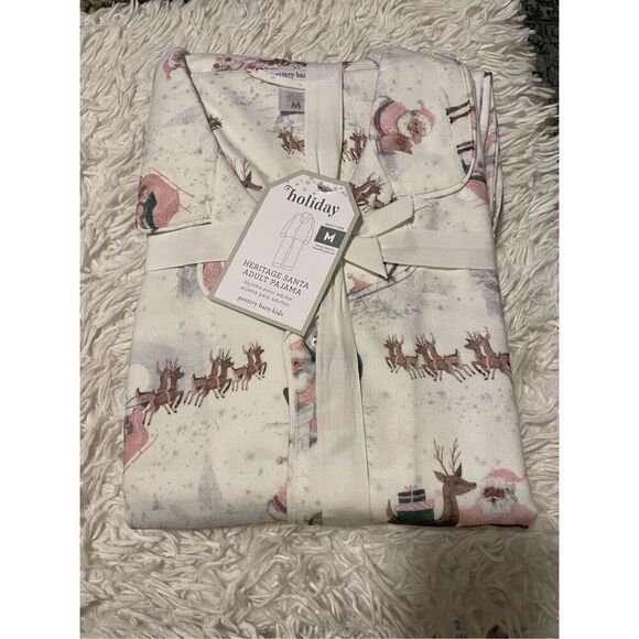 Pottery Barn Blush Heritage Santa Adult Flannel Pajama Set Med - Picture 7 of 8